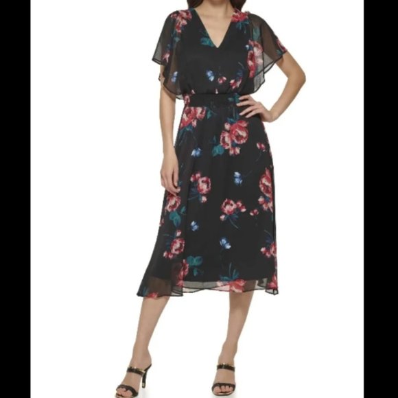 Dkny Dresses & Skirts - NWT DKNY 6 Black Floral V-Neck Elastic Waist Flutter Sleeve Chiffon Midi Dress